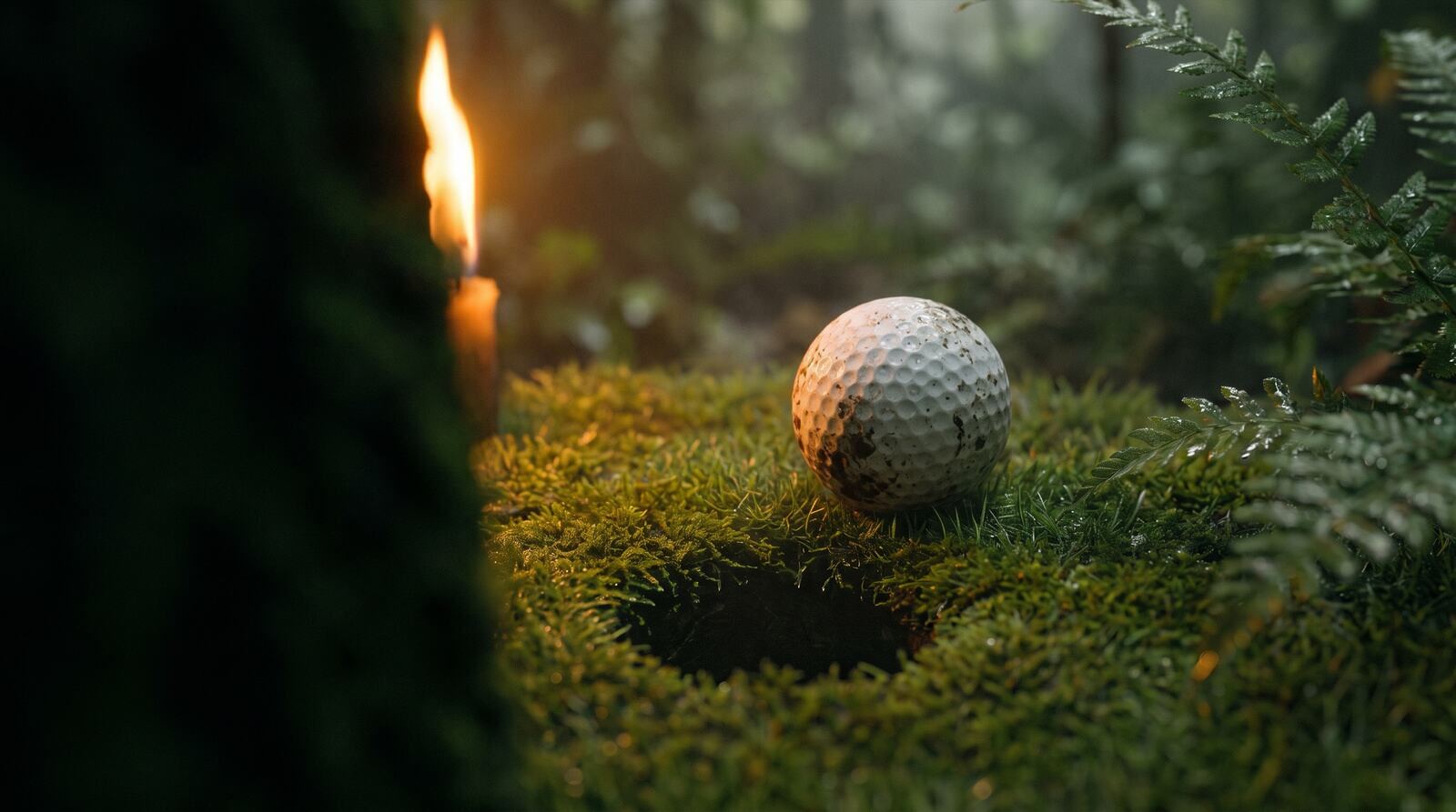 Stimmungsbild: Golfball am Lochrand auf bemoostem Grün, daneben eine Kerze