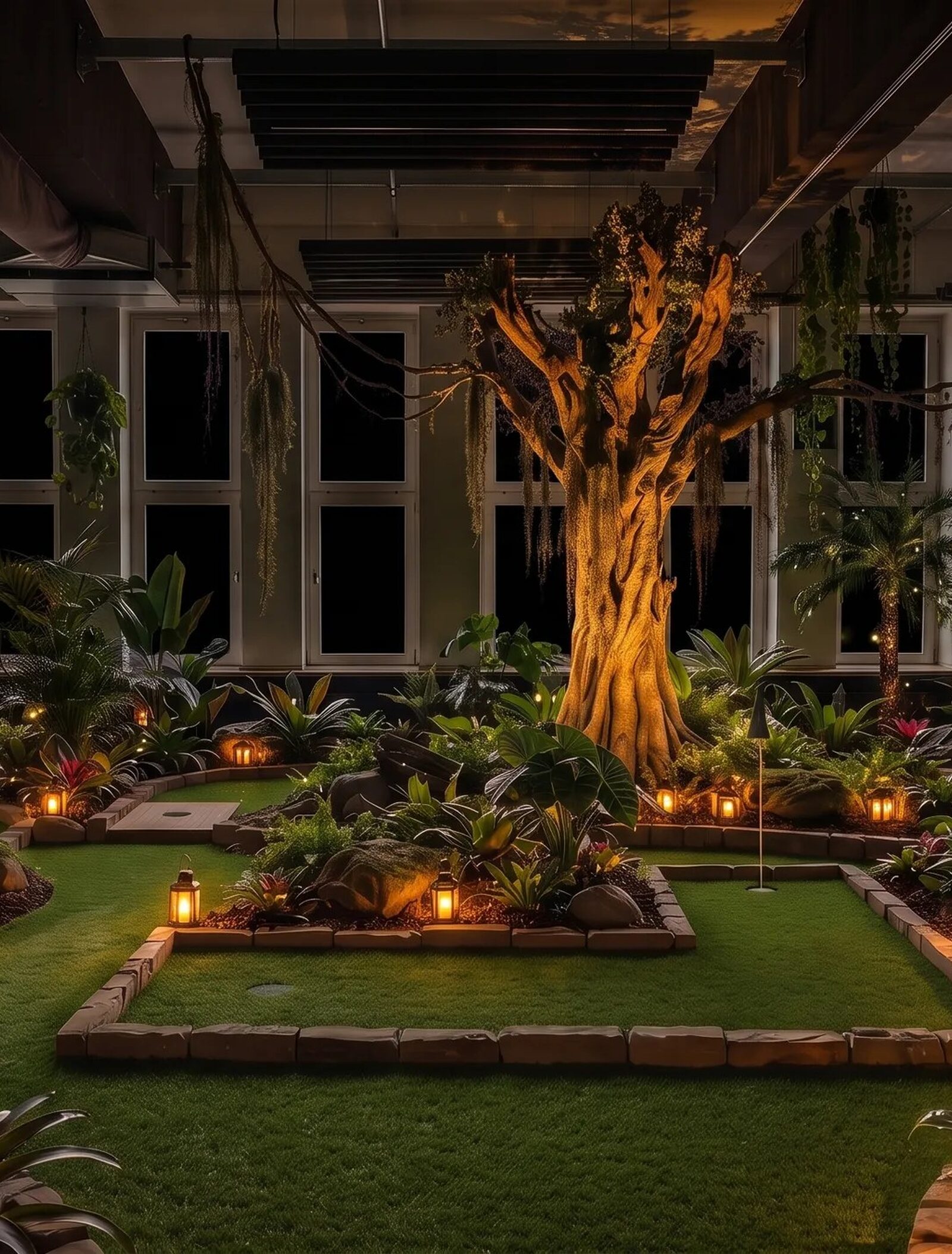 Visualisierung: Minigolfbahnen rund um einen großen Wurzelbaum im Dschungel